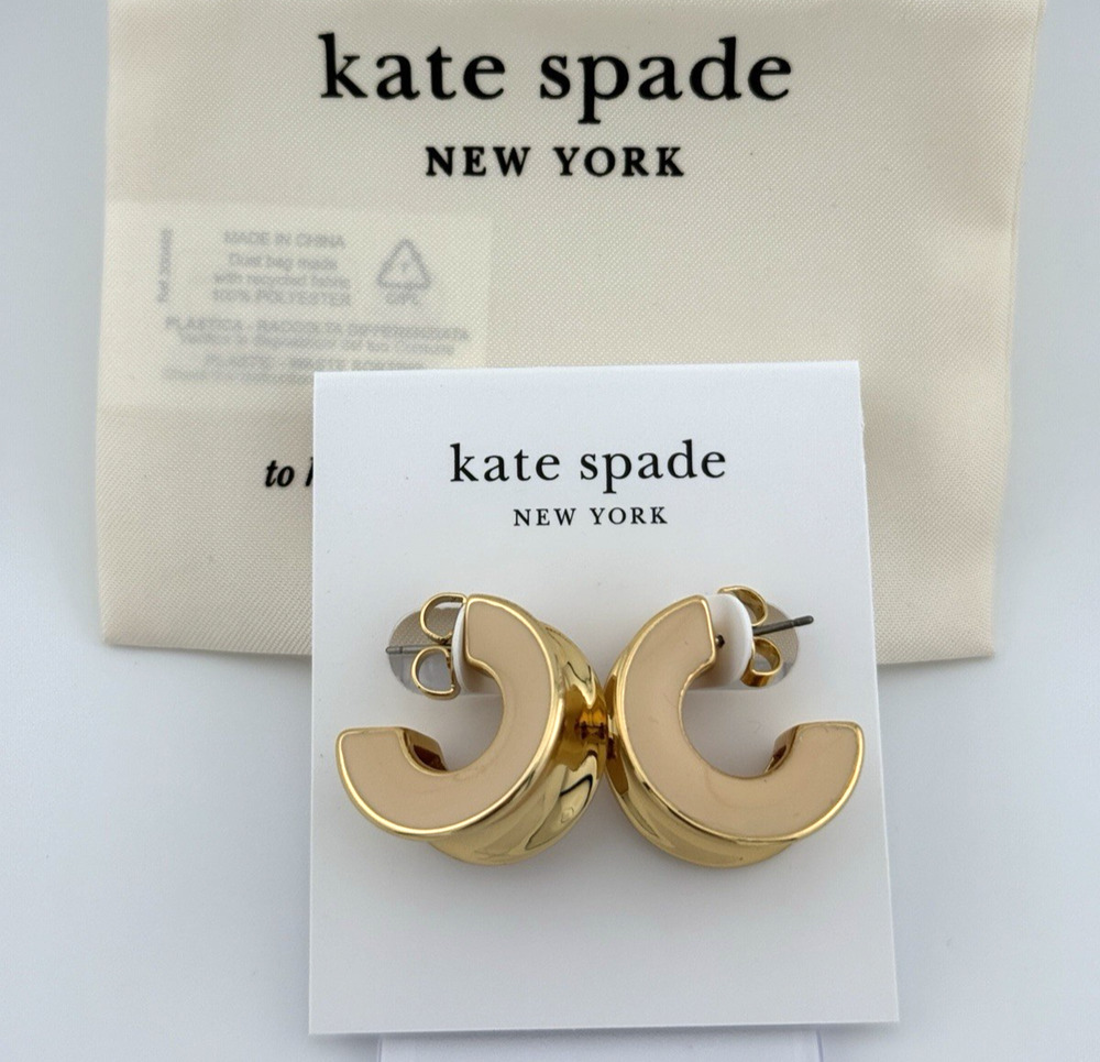 Kate Spade Bold Chunky C-Hoop Earrings Small Chic Hoops Gold Tone Beige Enamel